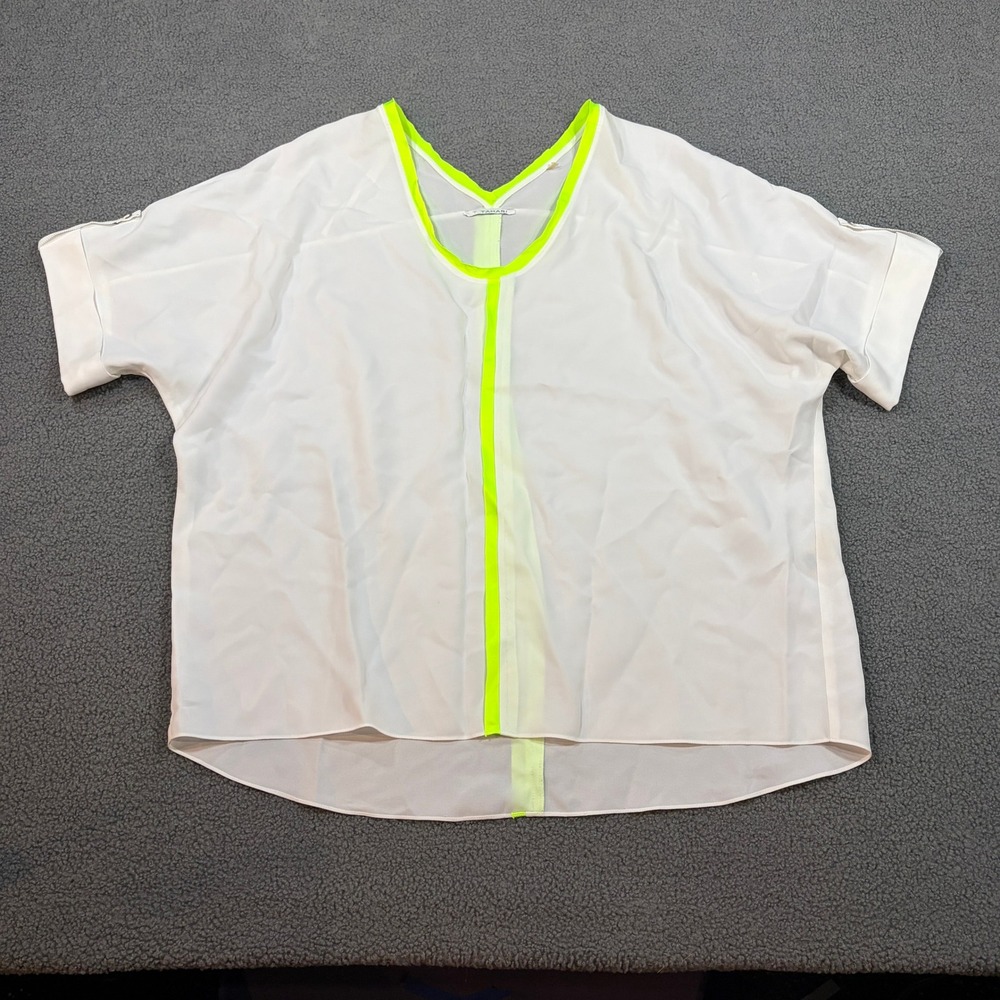 T Tahari Blouse Womens Large White Neon Yellow F61DC513 V-Neck Short Sleeve Top